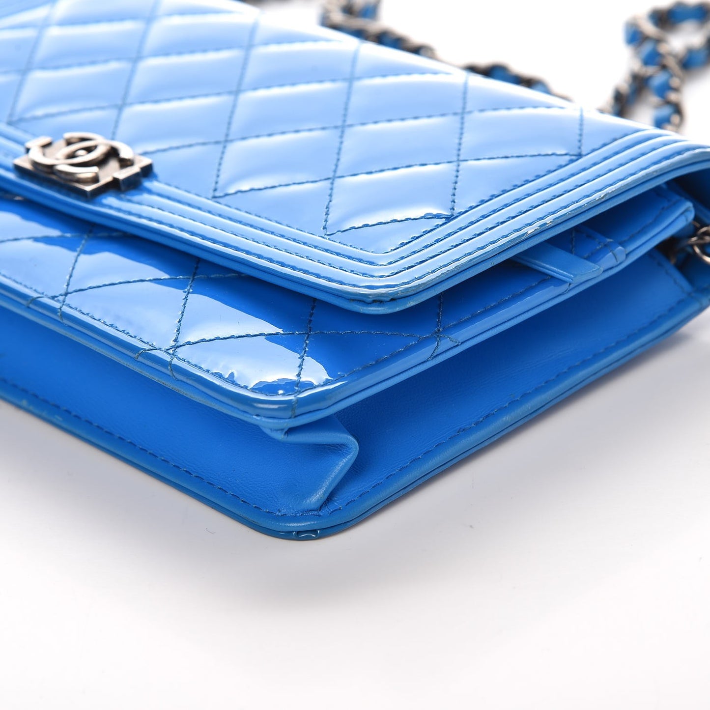 Patent Calfskin Quilted Boy Wallet On Chain WOC Blue