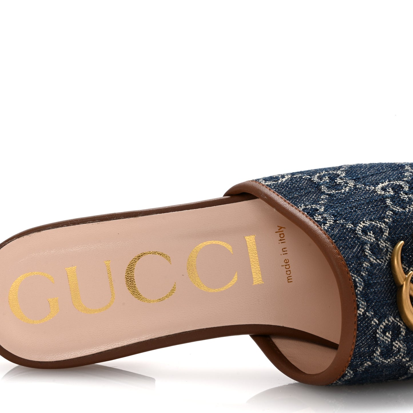 New Denim GG Monogram Miro Soft Calfskin Jolie Slide Sandals 37 Blue Tea Cuir Epilog