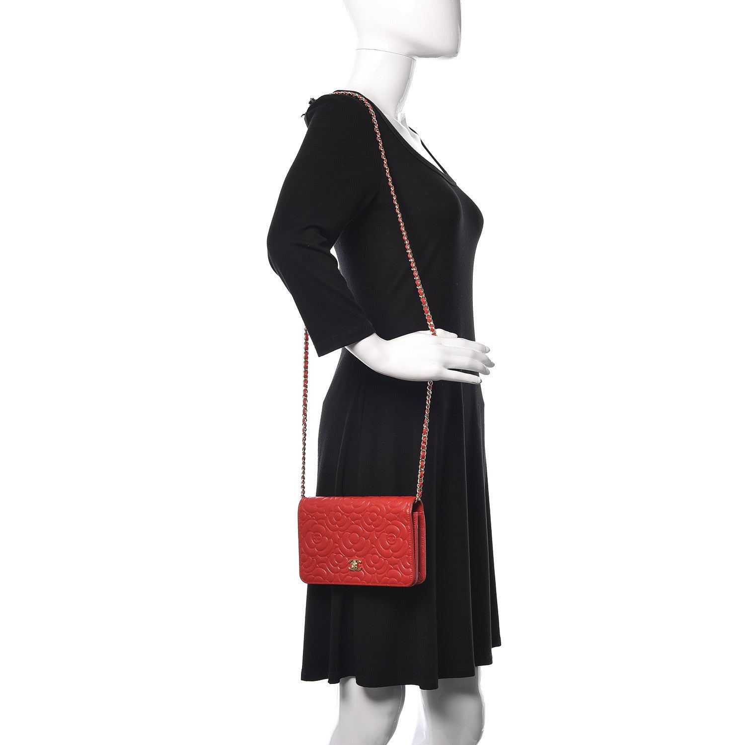 Chanel Caviar Camellia Embossed Wallet On Chain WOC Red 2 of 12