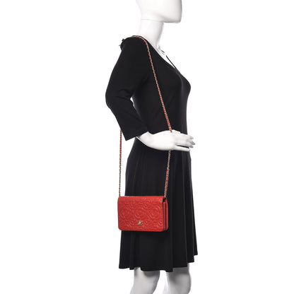 Chanel Caviar Camellia Embossed Wallet On Chain WOC Red 2 of 12