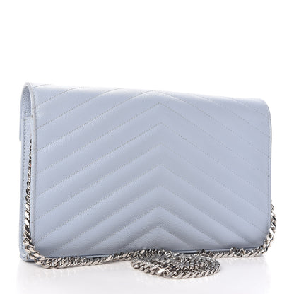 Saint Laurent Grain De Poudre Matelasse Chevron Monogram Chain Wallet Sky Blue 3 of 10