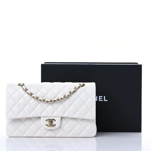 Caviar Quilted Medium Double Flap White