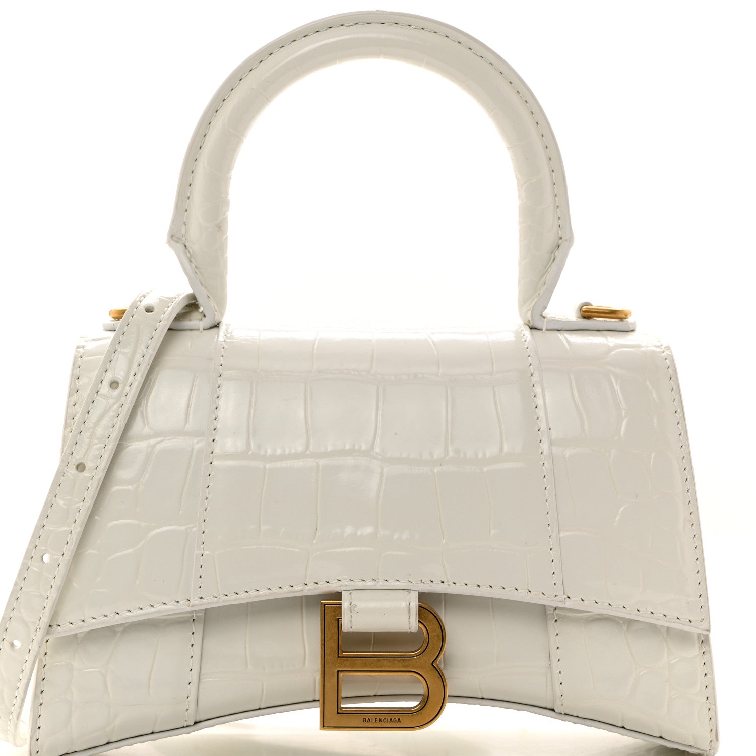 Balenciaga Shiny Calfskin Crocodile Embossed Hourglass Top Handle Bag XS White 9 of 13