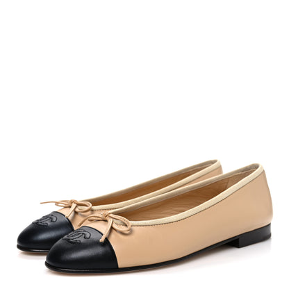 Chanel Lambskin Cap Toe CC Ballerina Flats 37 Beige Black 4 of 12