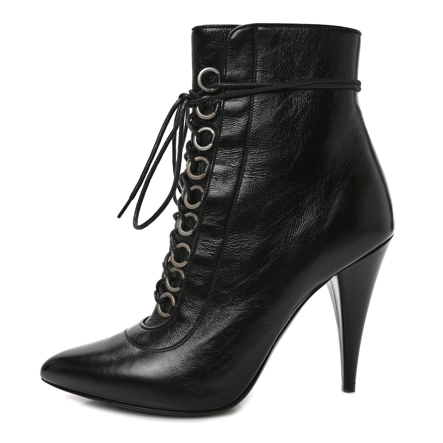 Saint Laurent Shiny Calfskin Fetish Lace Up Ankle Boots 36.5 Black 1 of 9