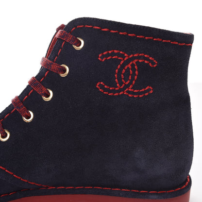 Chanel Suede Calfskin Womens Lace Up Short Boots 39 Navy 9 of 9