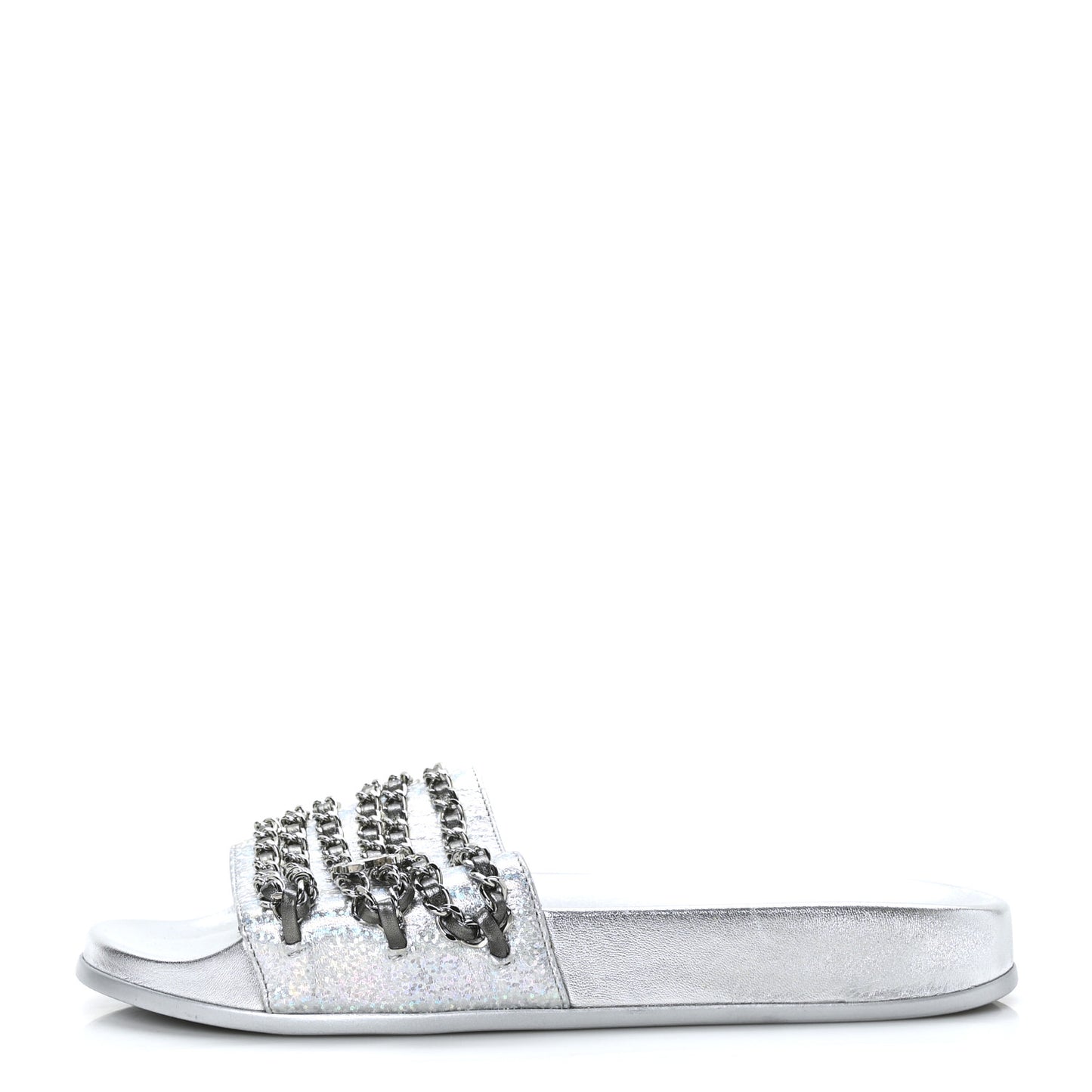 Metallic Lambskin Chain Flat Sandals 37 Silver
