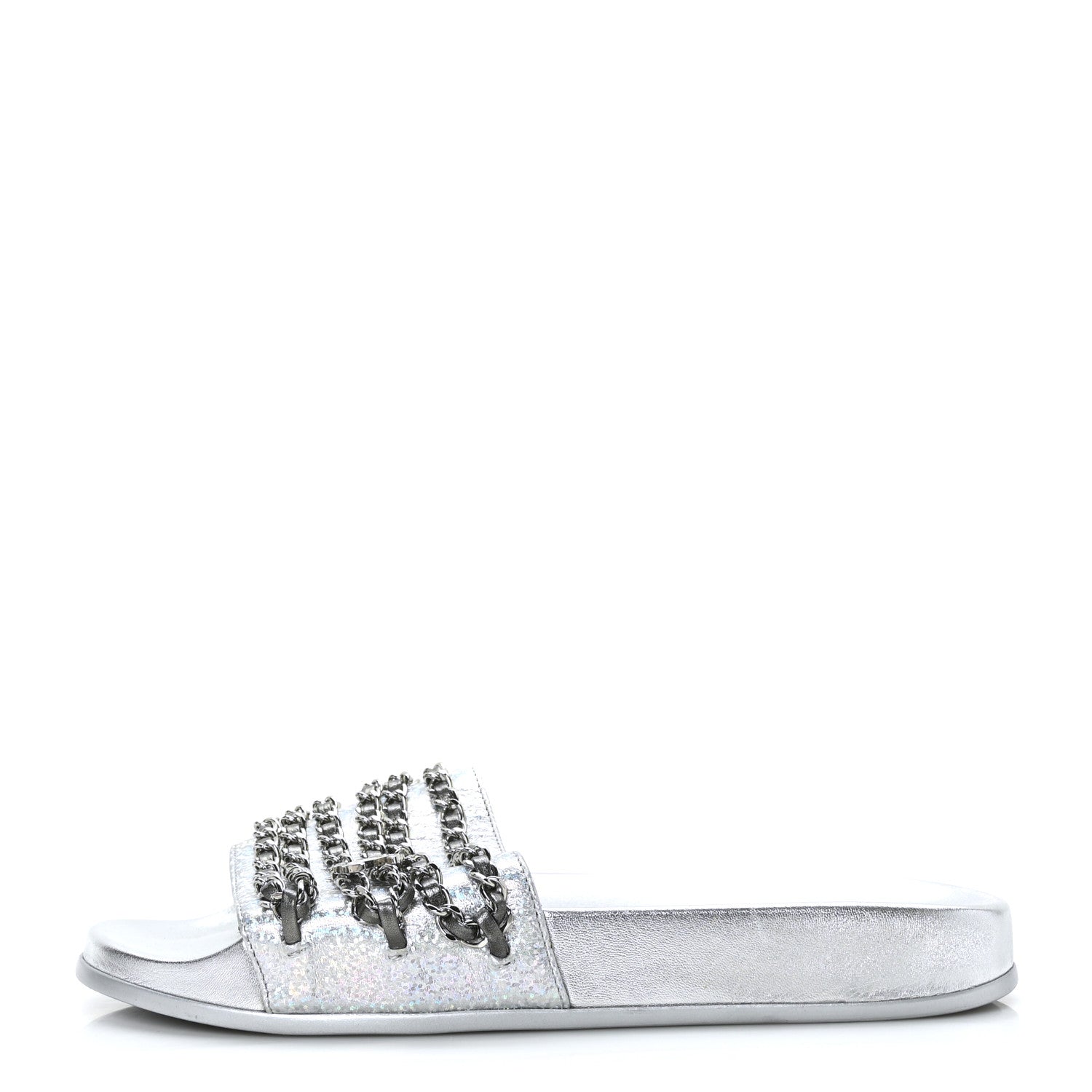 Chanel Metallic Lambskin Chain Flat Sandals 37 Silver 1 of 9