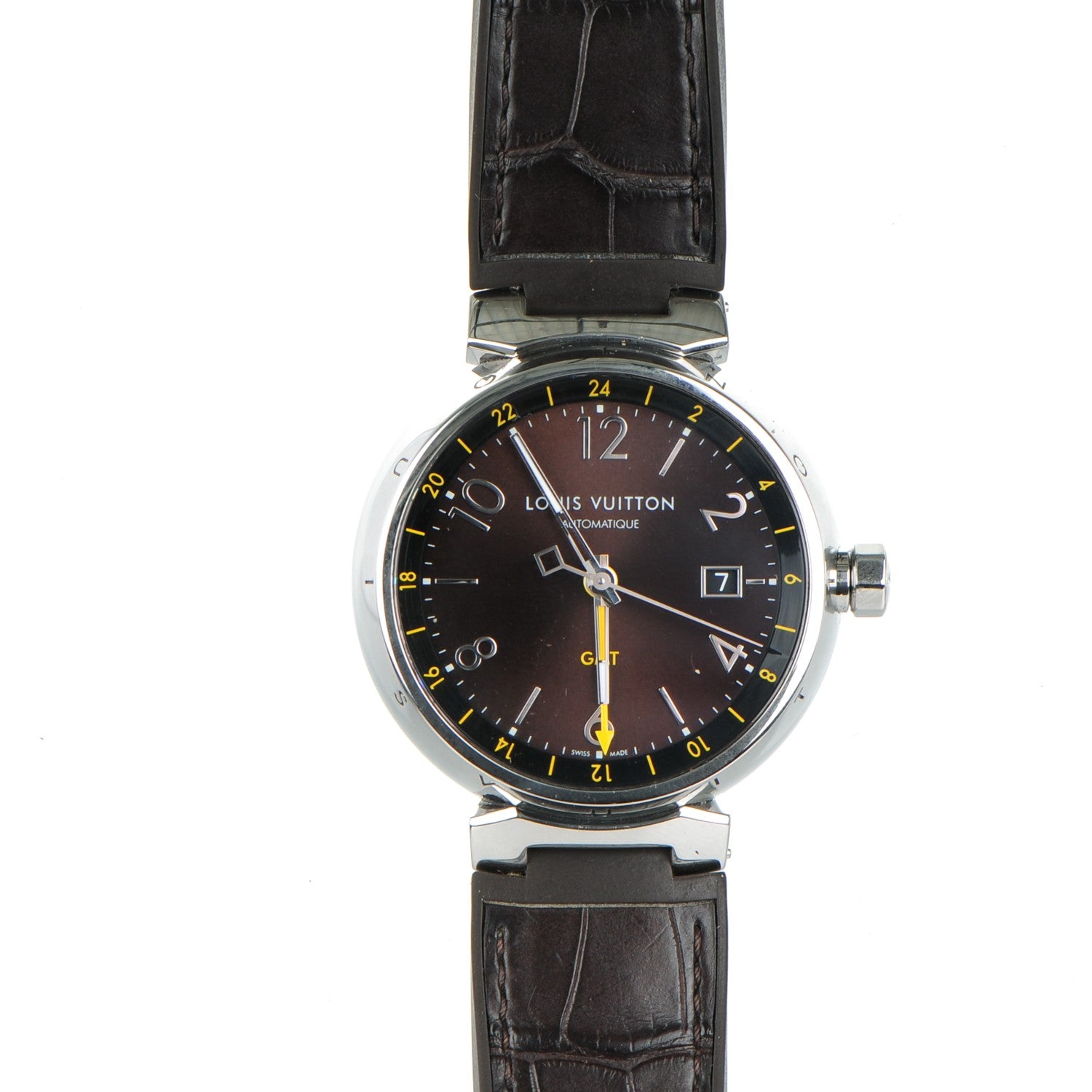 Louis Vuitton Stainless Steel Alligator 41mm Tambour GMT Automatic Watch Brown 1 of 12
