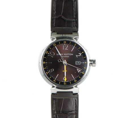 Louis Vuitton Stainless Steel Alligator 41mm Tambour GMT Automatic Watch Brown 1 of 12