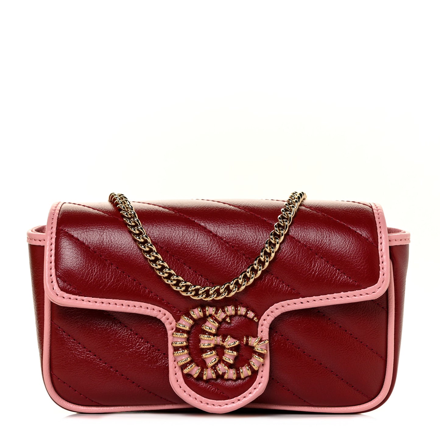 Azalea Calfskin Enamel Matelasse Diagonal Super Mini Torchon GG Marmont Shoulder Bag New Cherry Red Wild Rose