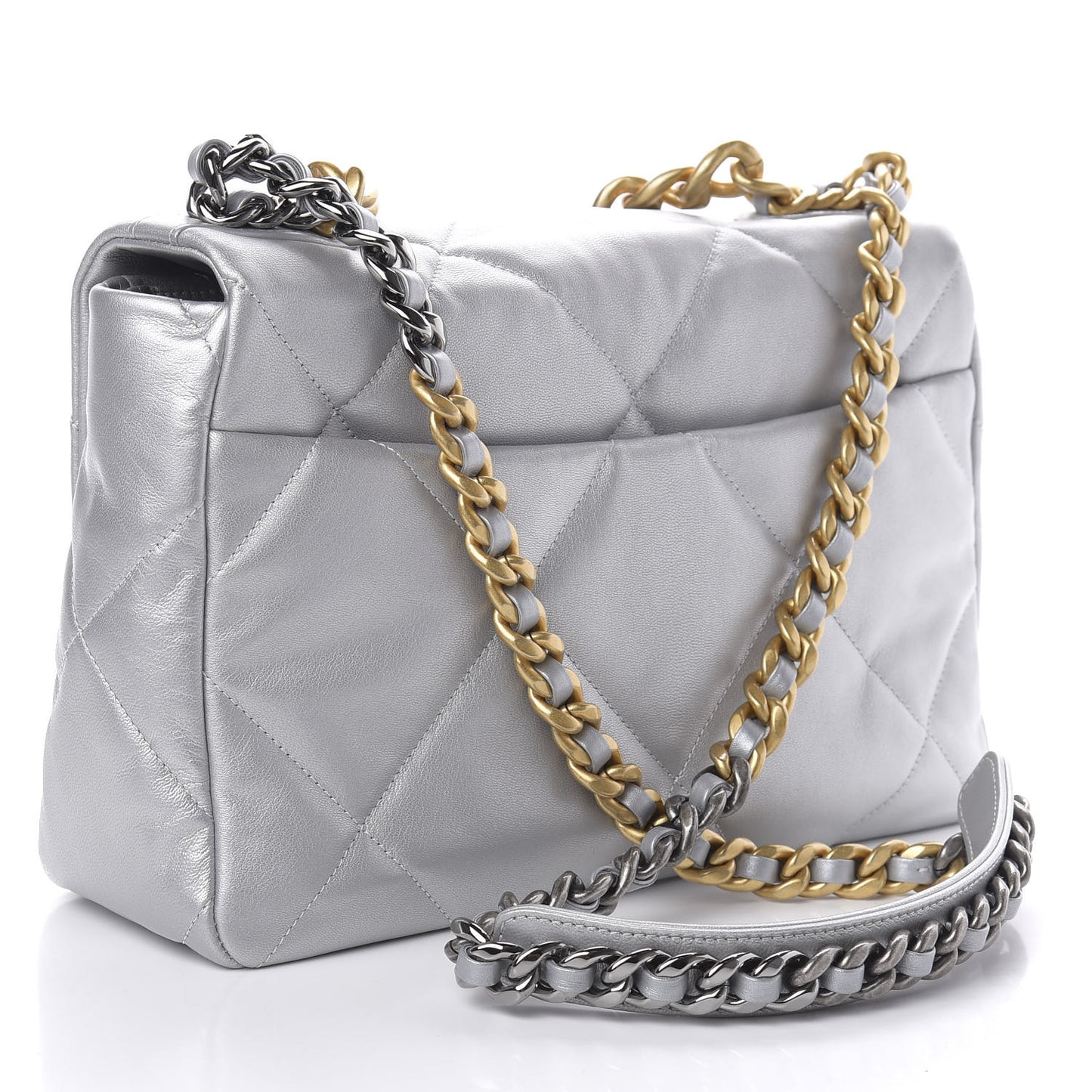Metallic Goatskin Quilted Large 19 Flap Silver