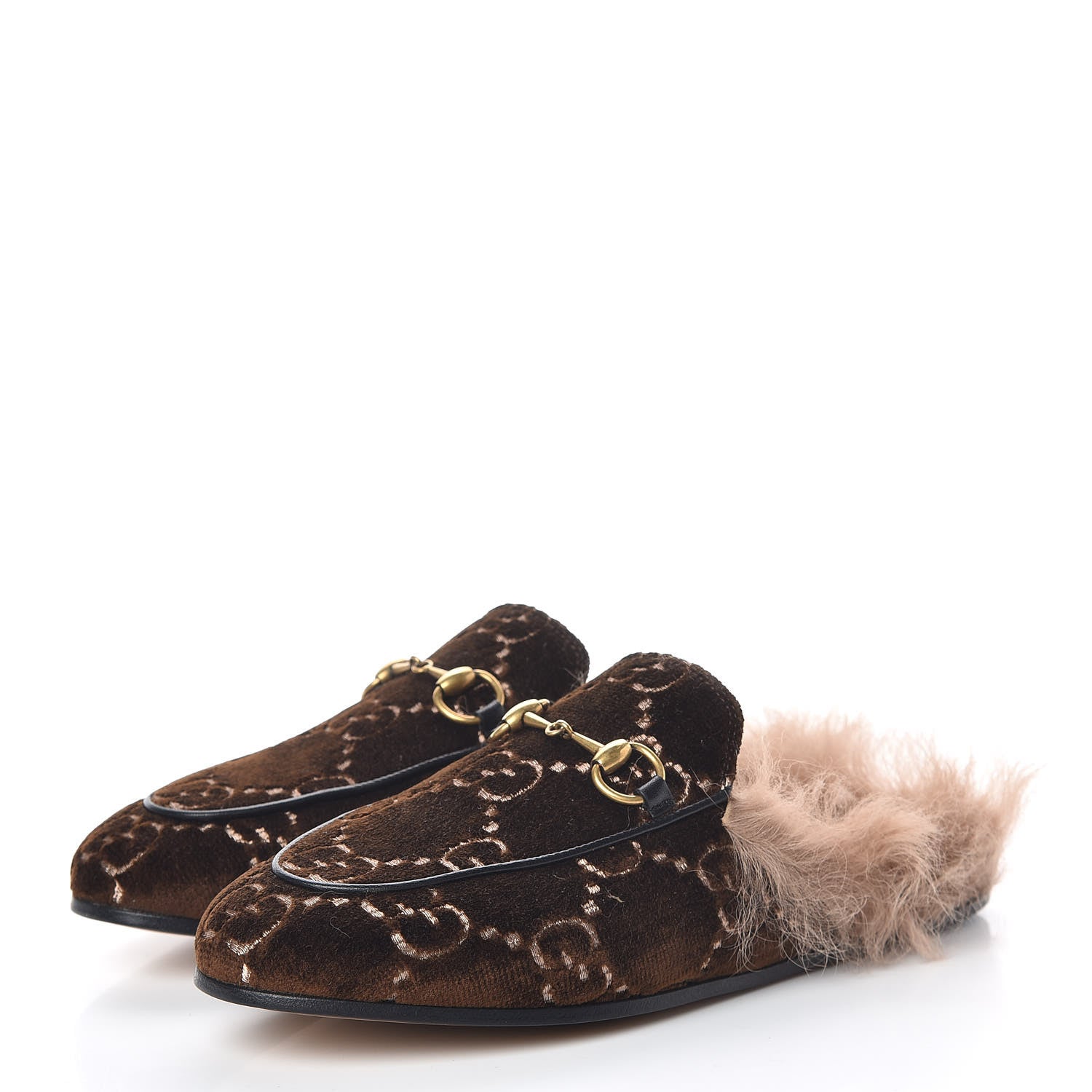 Gucci Velvet GG Monogram Fur Womens Princetown Slippers 36 Brown Black Natural 3 of 8