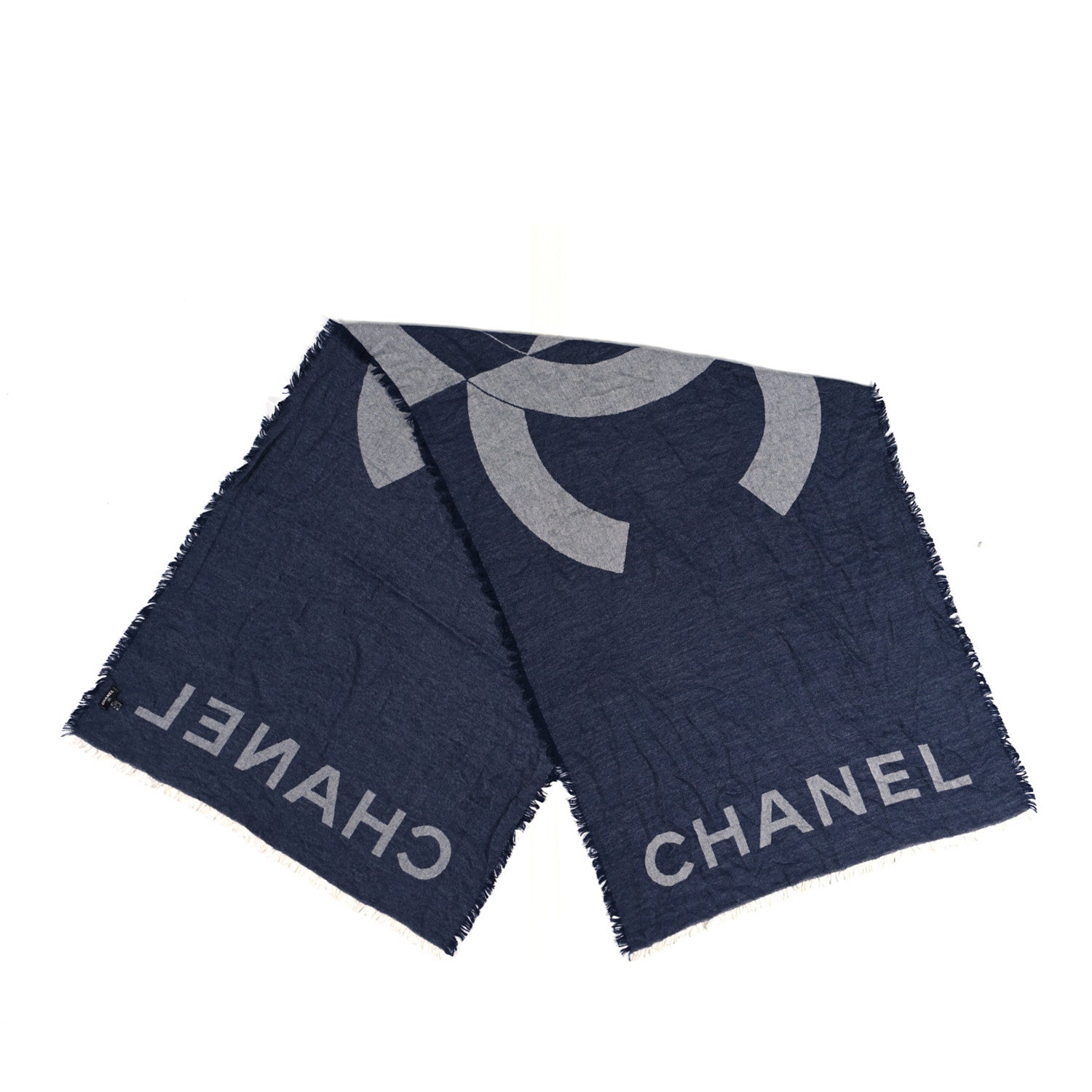 Chanel Cashmere Silk CC Logo Fringe Scarf Blue 2 of 3