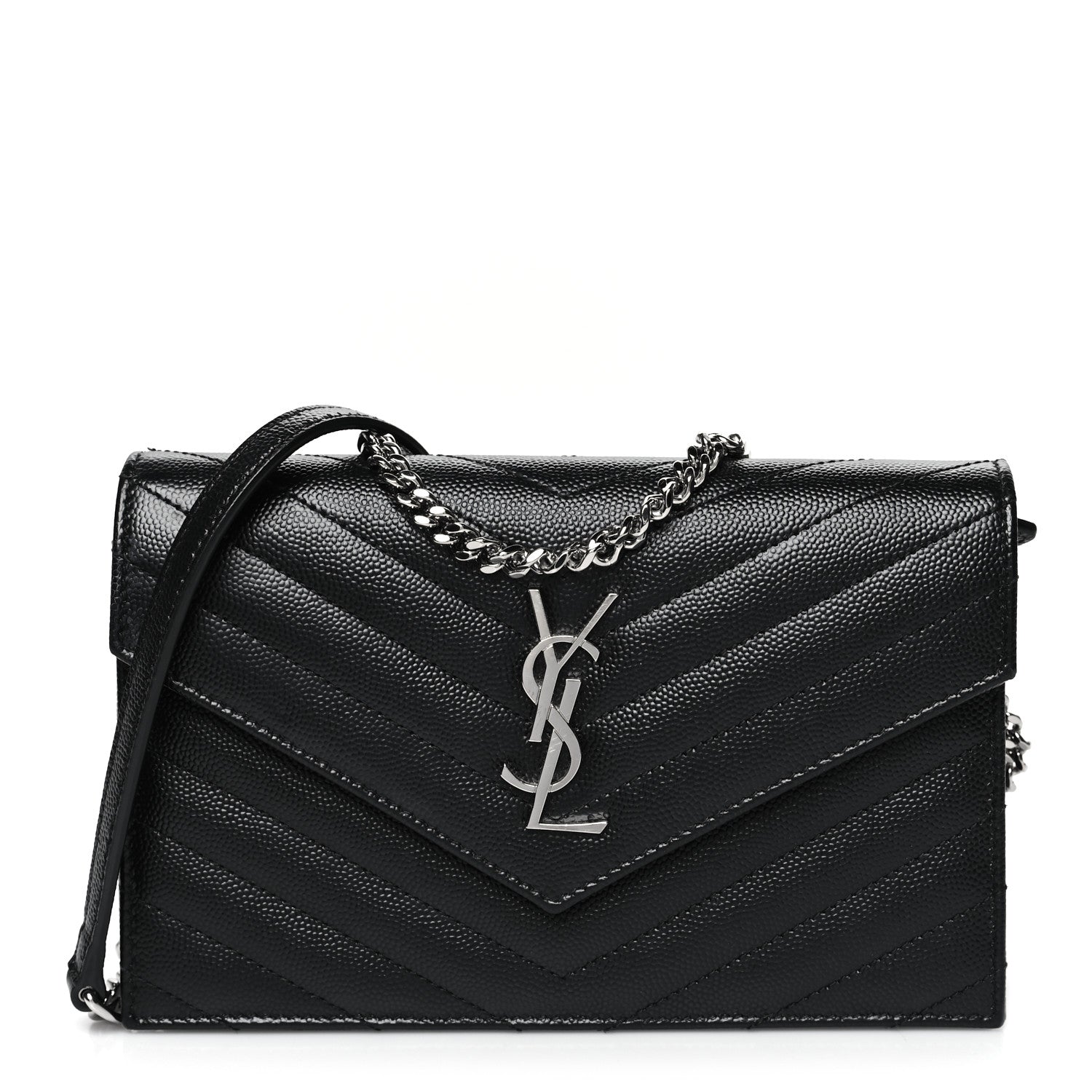 Saint Laurent Grain De Poudre Matelasse Chevron Monogram Envelope Chain Wallet Black 1 of 13