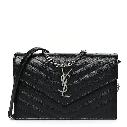 Saint Laurent Grain De Poudre Matelasse Chevron Monogram Envelope Chain Wallet Black 1 of 13
