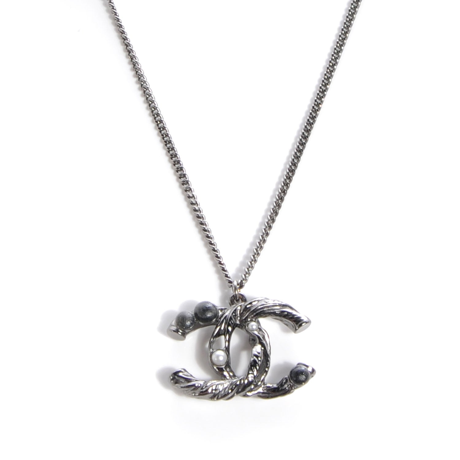 Chanel Pearl Crystal CC Bead Necklace Silver 1 of 4