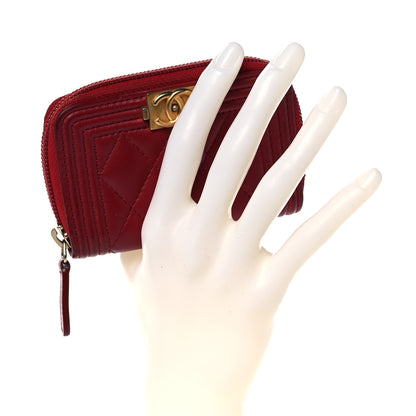Chanel Lambskin Quilted Boy Zip Around Coin Purse Wallet Red 2 of 14