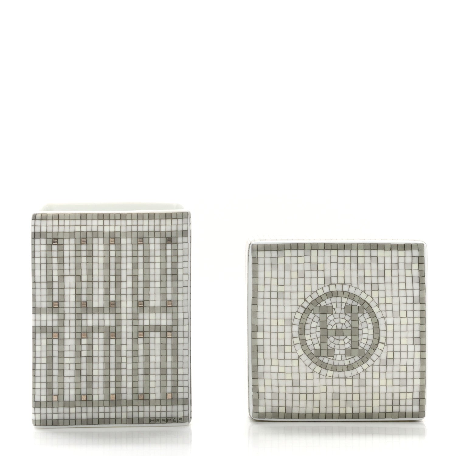 Hermes Porcelain Small Mosaique Au 24 Sugar Box Platinum 3 of 9