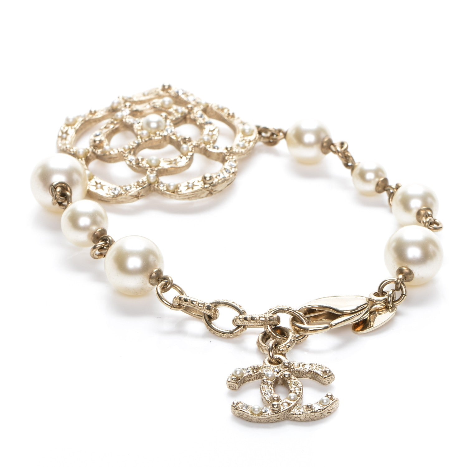 Chanel Swarovski Crystal Camellia Pearl CC Bracelet Gold 3 of 6
