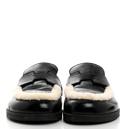 Hermes Glazed Nappa Shearling Shearling Go Mules 38 Black Ecru 2 of 9