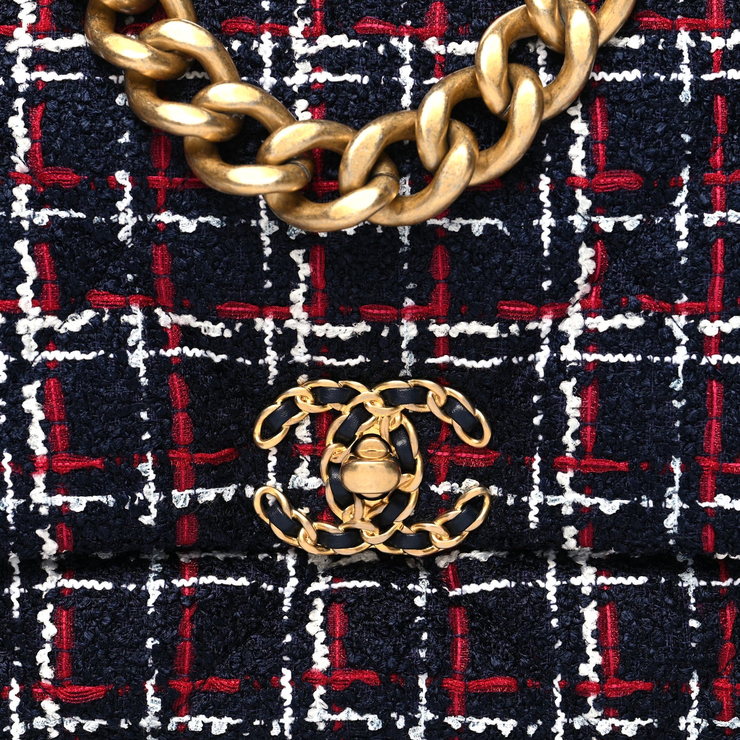 Tweed Quilted Large Chanel 19 Flap Navy Blue White Red