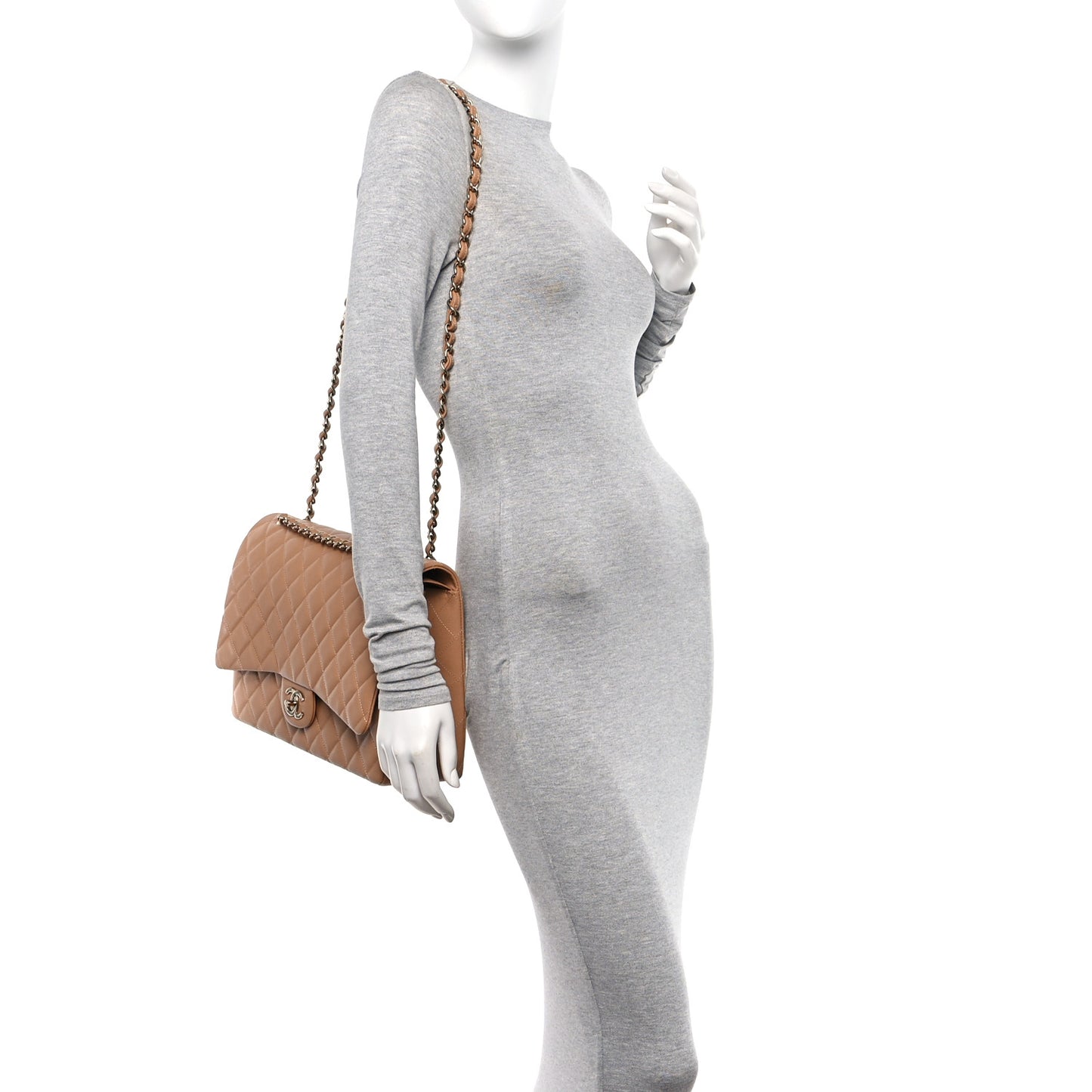 Caviar Quilted Maxi Double Flap Dark Beige