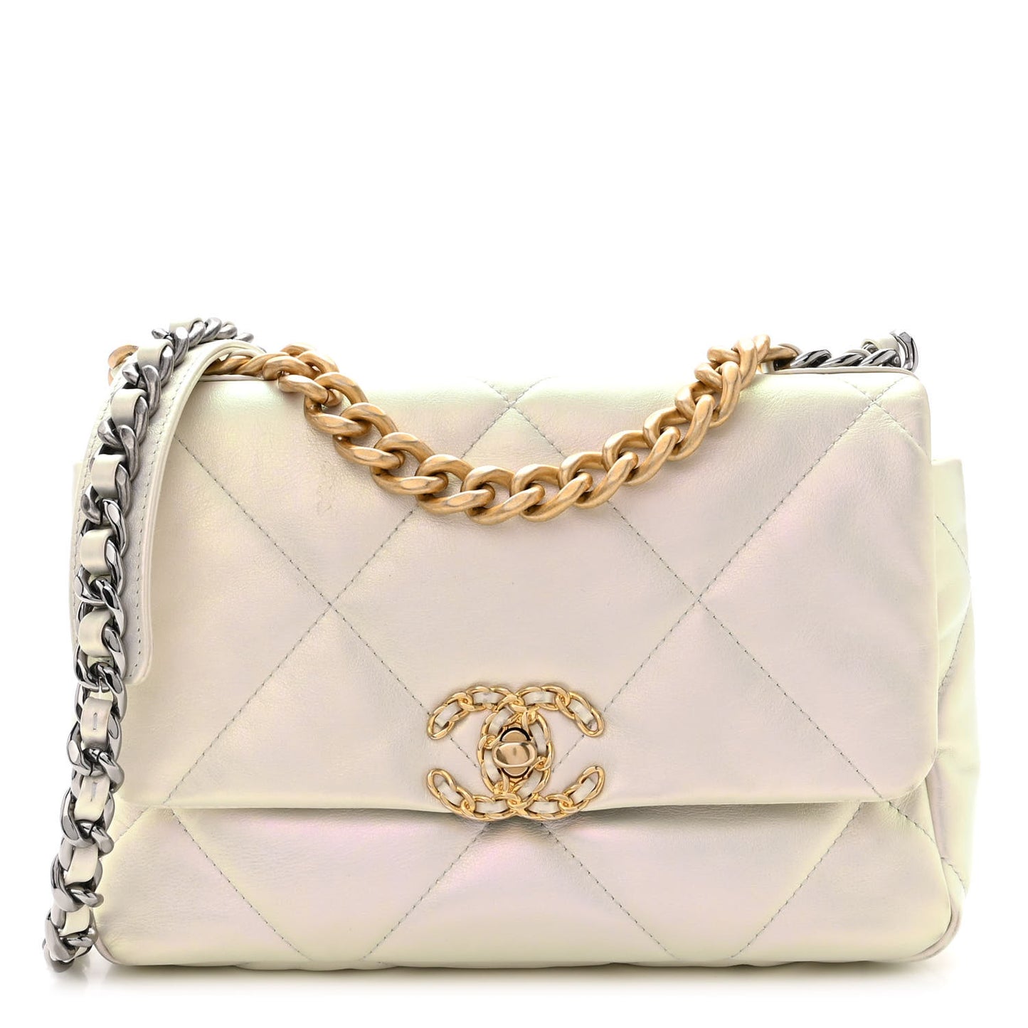 Iridescent Calfskin Quilted Medium Chanel 19 Flap White