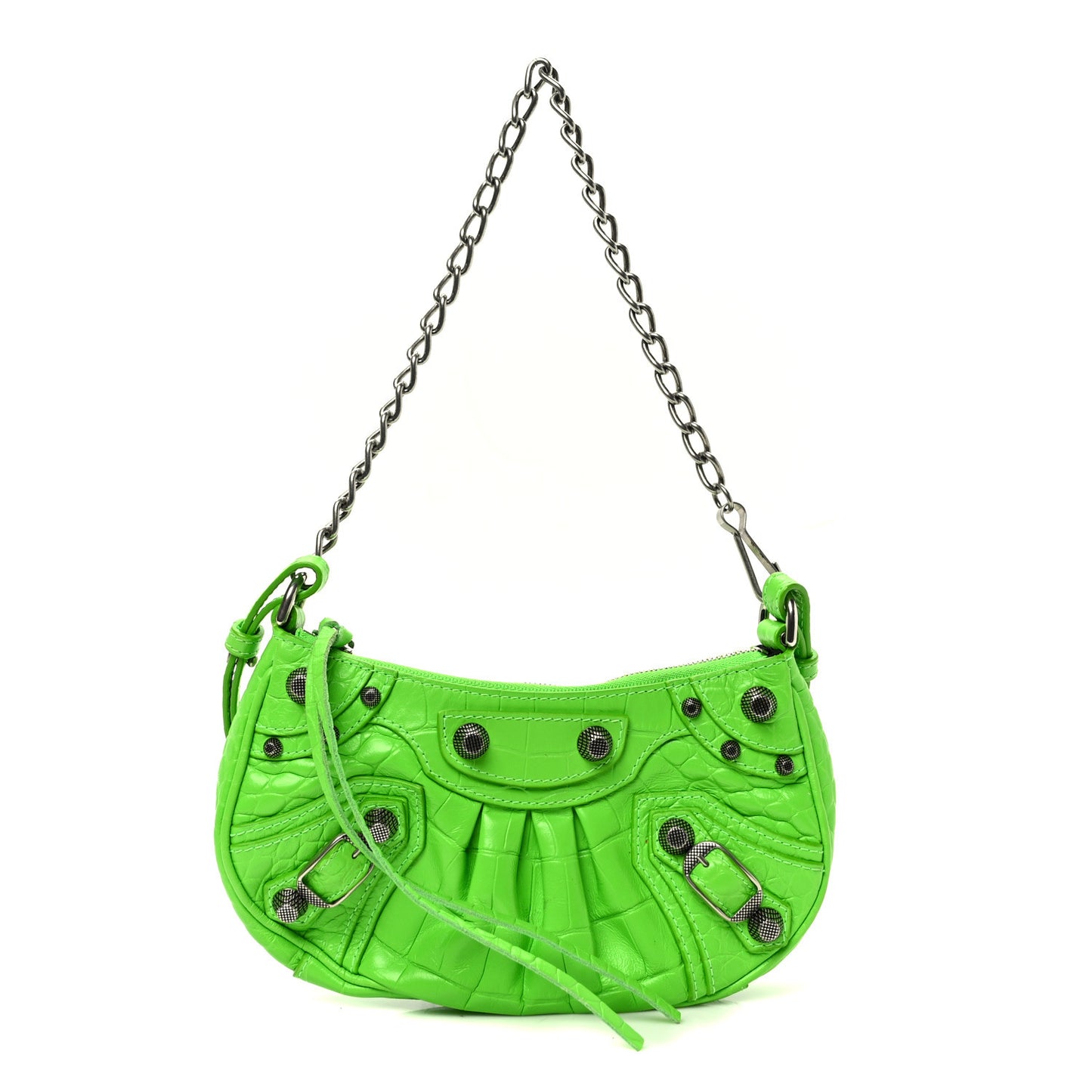 Extra Supple Calfskin Crocodile Embossed Le Cagole Mini Purse With Chain Acid Green