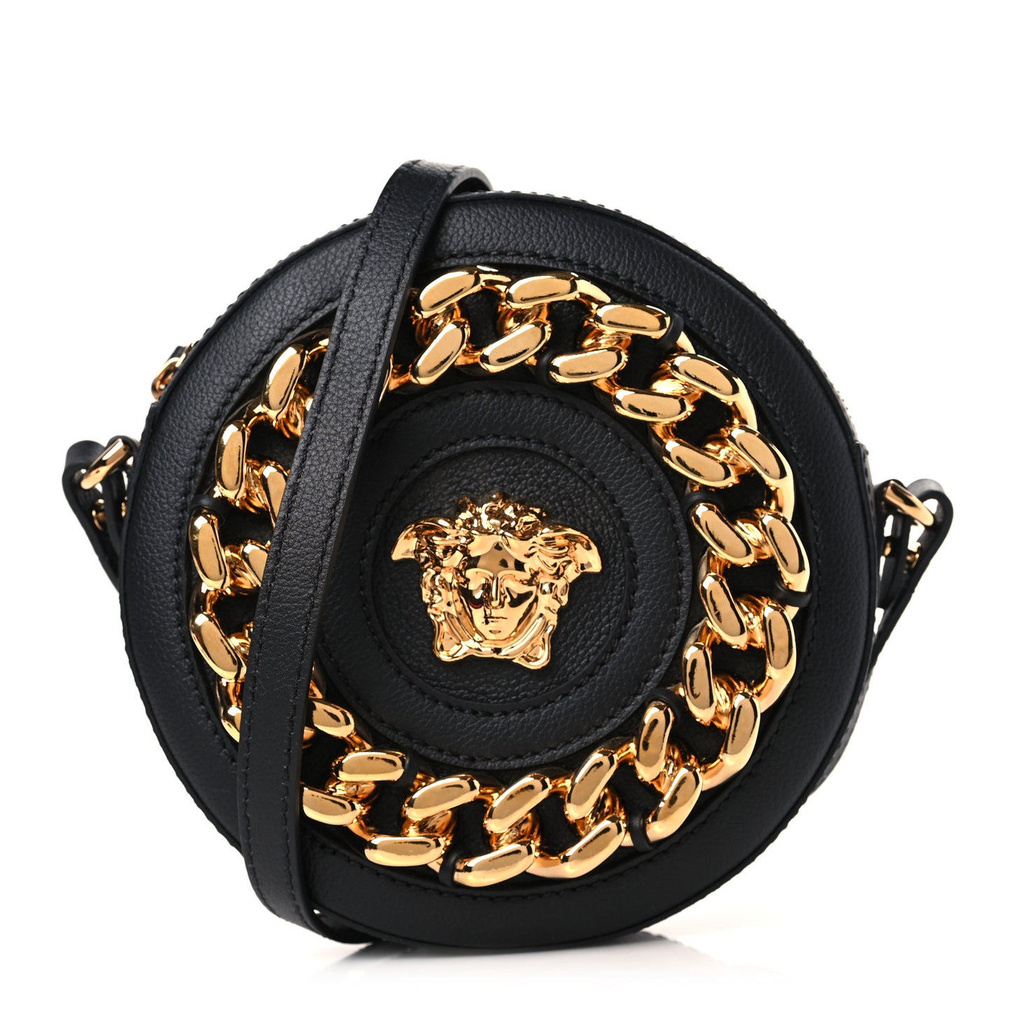 Grained Calfskin Mini La Medusa Disco Round Crossbody Bag Black