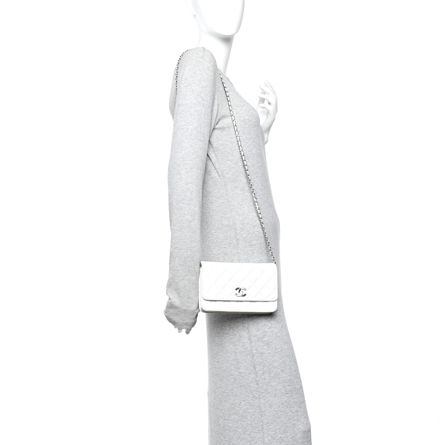 Caviar Quilted Ribbed Metal Wallet on Chain WOC White