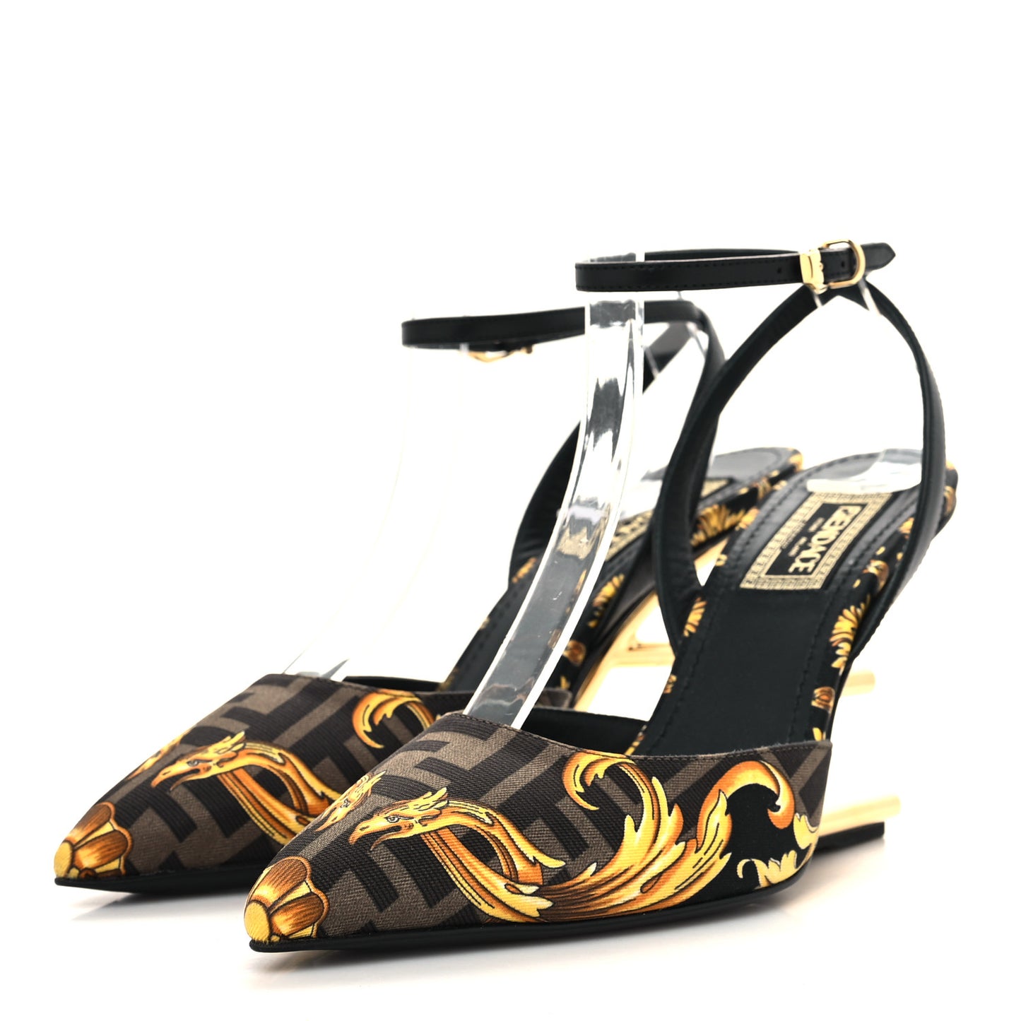 X VERSACE Silk Calfskin Fendace Fendi First 95mm Slingback Sandals 35 Tobacco Black Gold