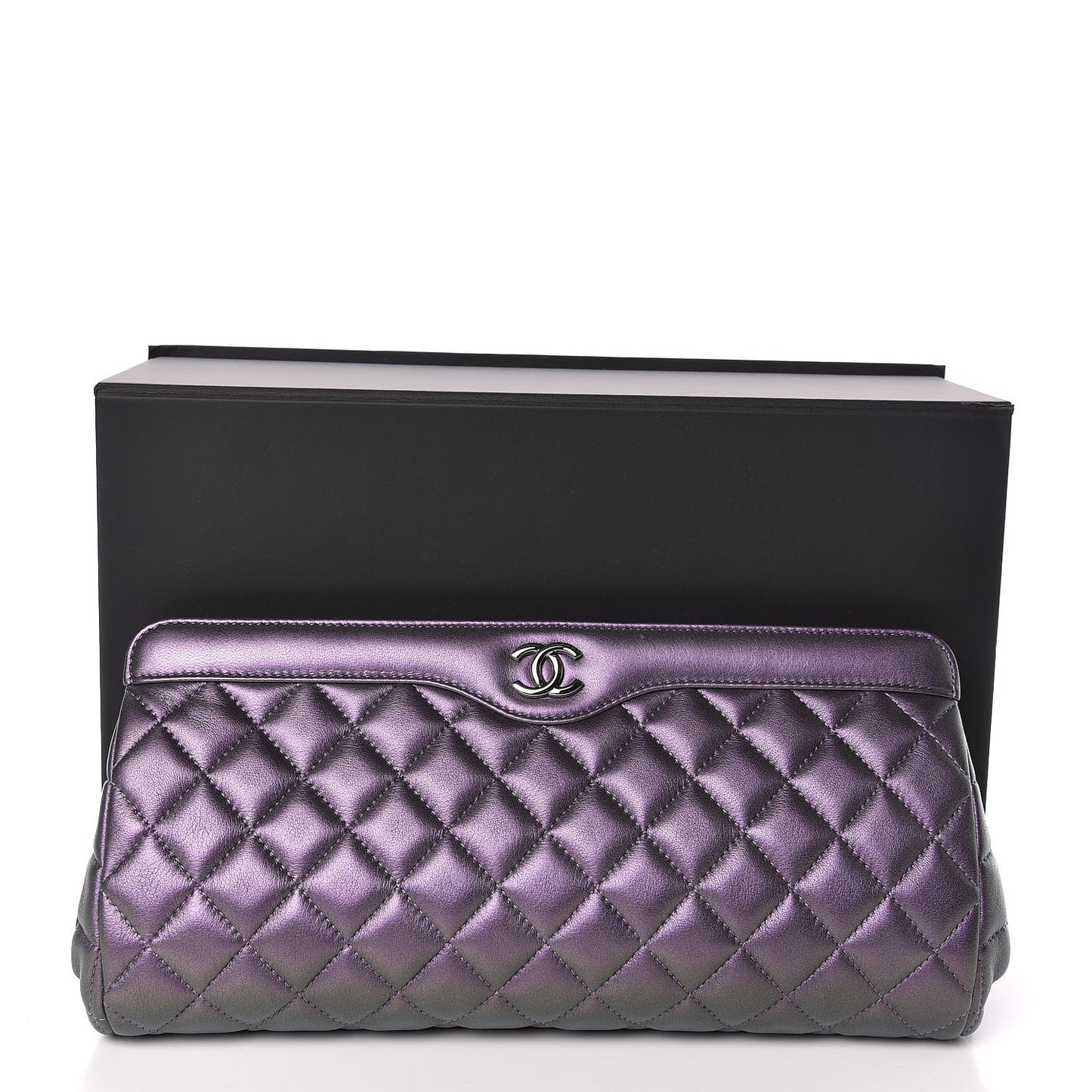 Iridescent Lambskin Quilted Clutch Dark Purple