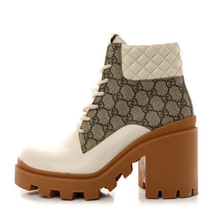 Gucci Calfskin GG Supreme Monogram Nappa Quilted Lace Up Ankle Boots 39 Mystic White Beige 1 of 12