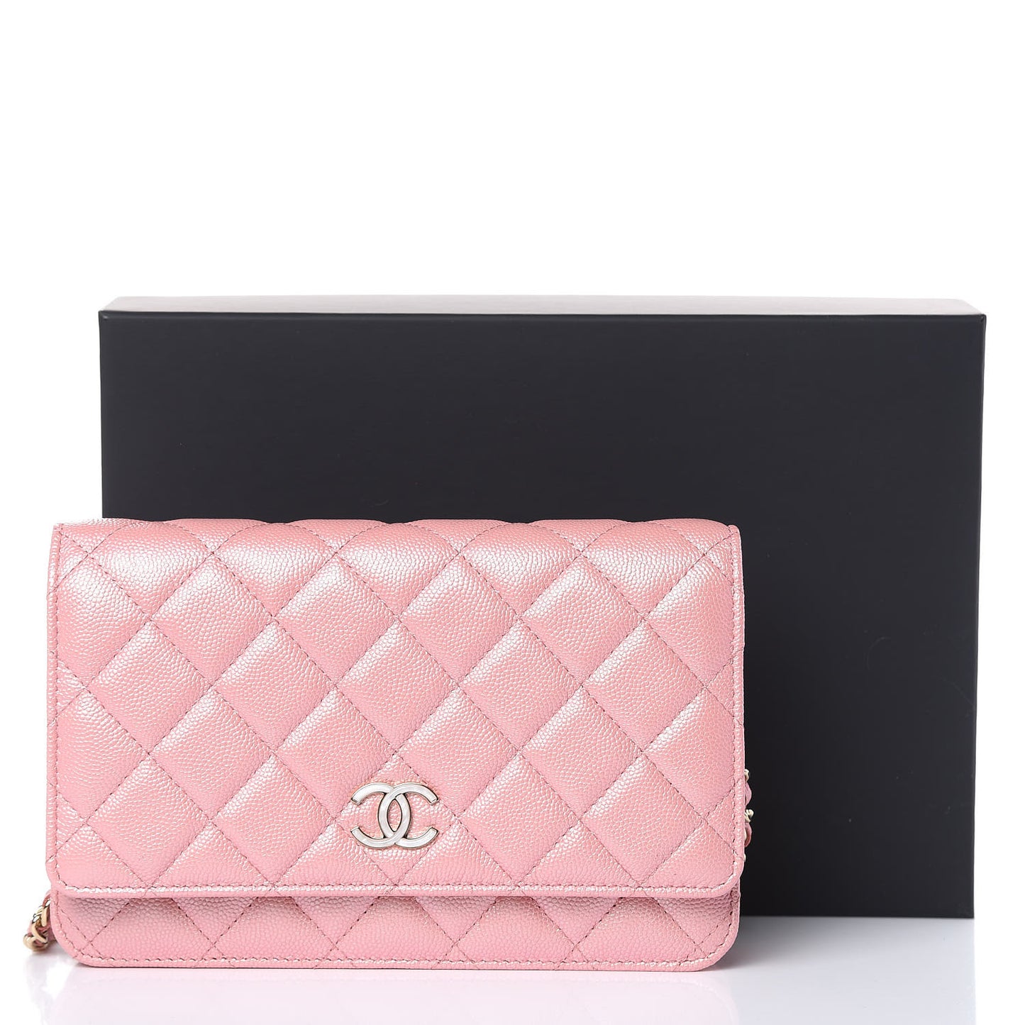 Iridescent Caviar Quilted Wallet on Chain WOC Pink