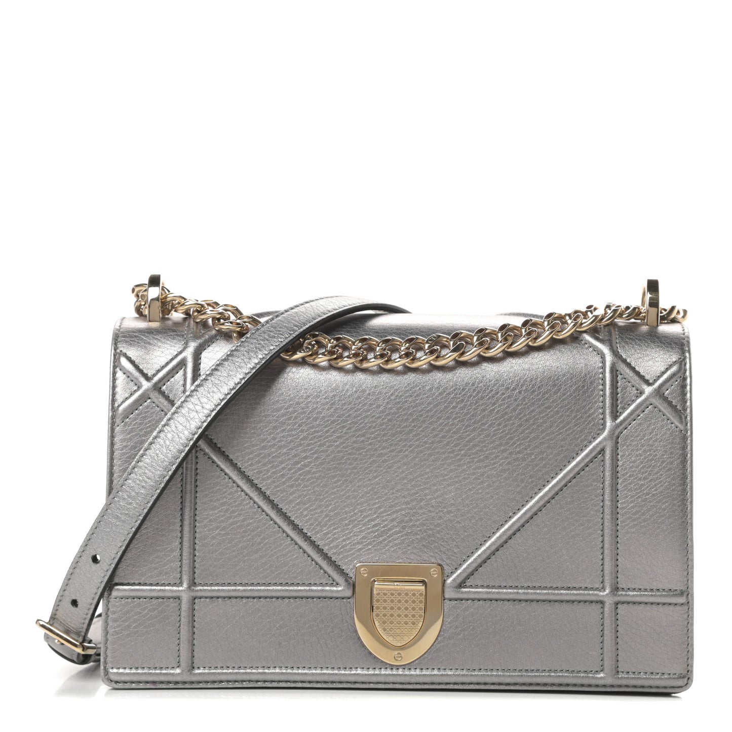 Metallic Grained Calfskin Medium Diorama Flap Bag Silver