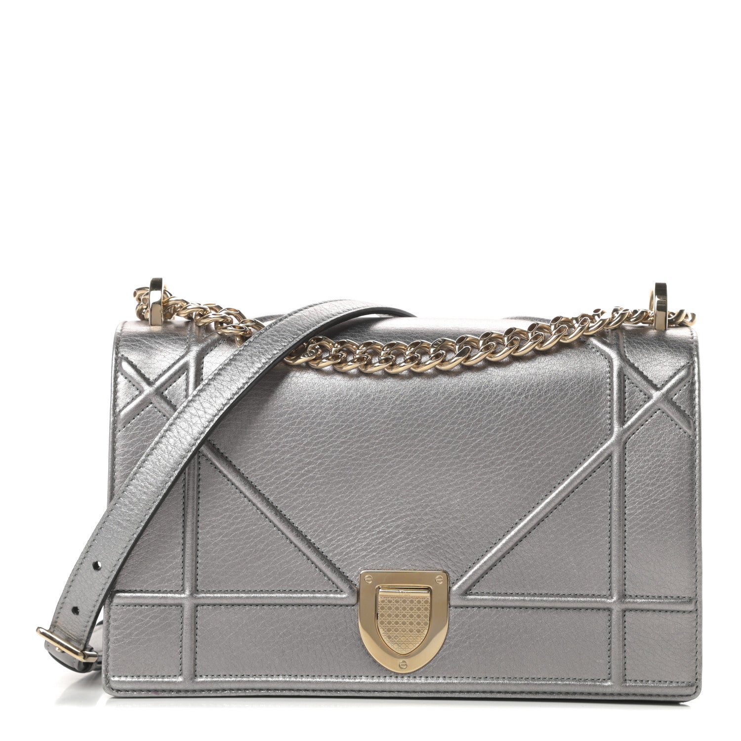 Christian Dior Metallic Grained Calfskin Medium Diorama Flap Bag Silver 1 of 14