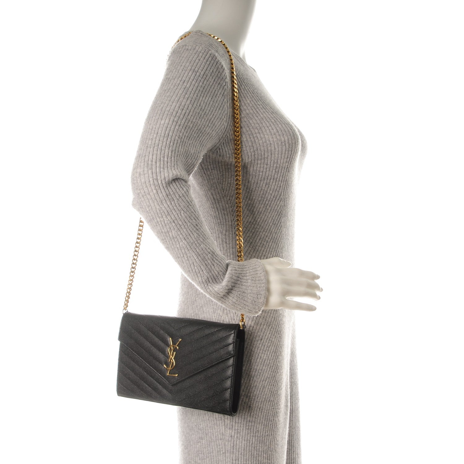 Saint Laurent Grain De Poudre Matelasse Chevron Monogram Chain Wallet Black 2 of 7
