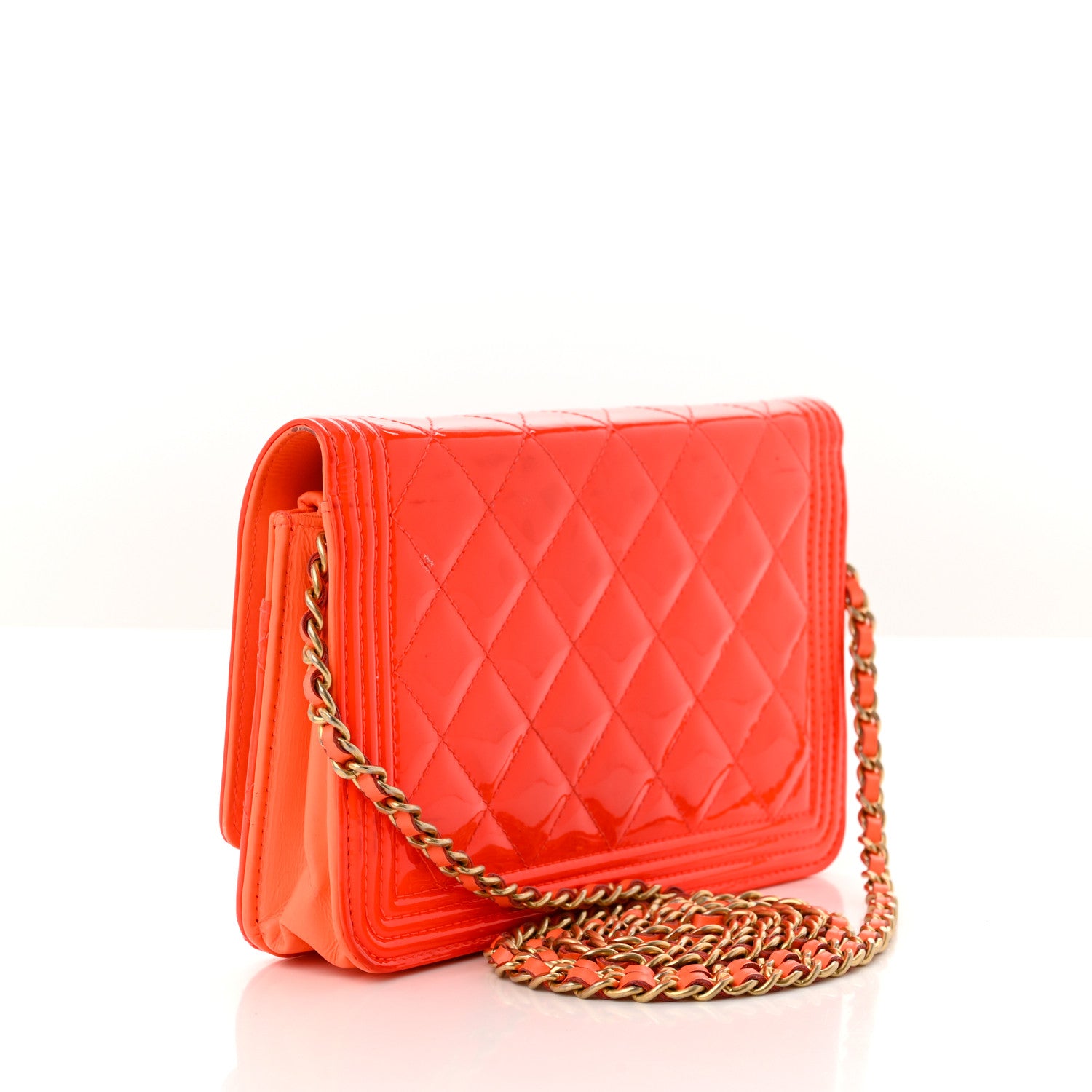 Chanel Patent Calfskin Quilted Boy Wallet On Chain WOC Orange 3 of 18