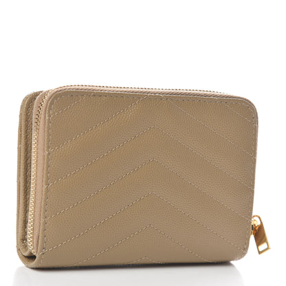 Saint Laurent Grain De Poudre Matelasse Chevron Monogram Compact Zip Around Wallet Dark Latte 3 of 8