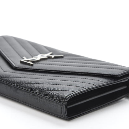 Saint Laurent Grain De Poudre Matelasse Chevron Monogram Chain Wallet Black 6 of 9