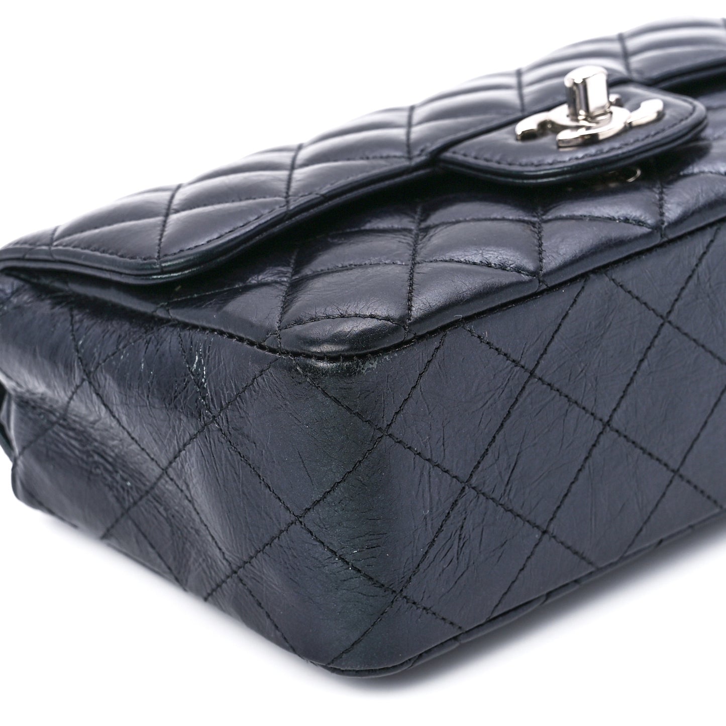 Iridescent Crumpled Calfskin Quilted Mini Rectangular Flap Black