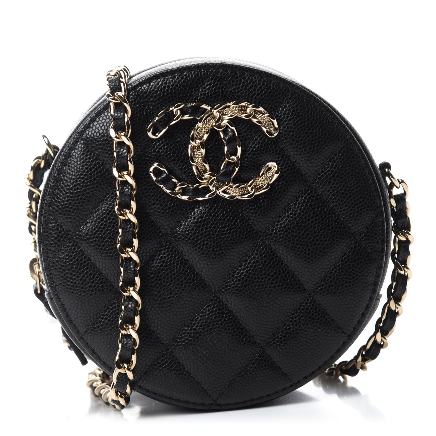 Caviar Quilted French New Wave Round Clutch With Chain Black