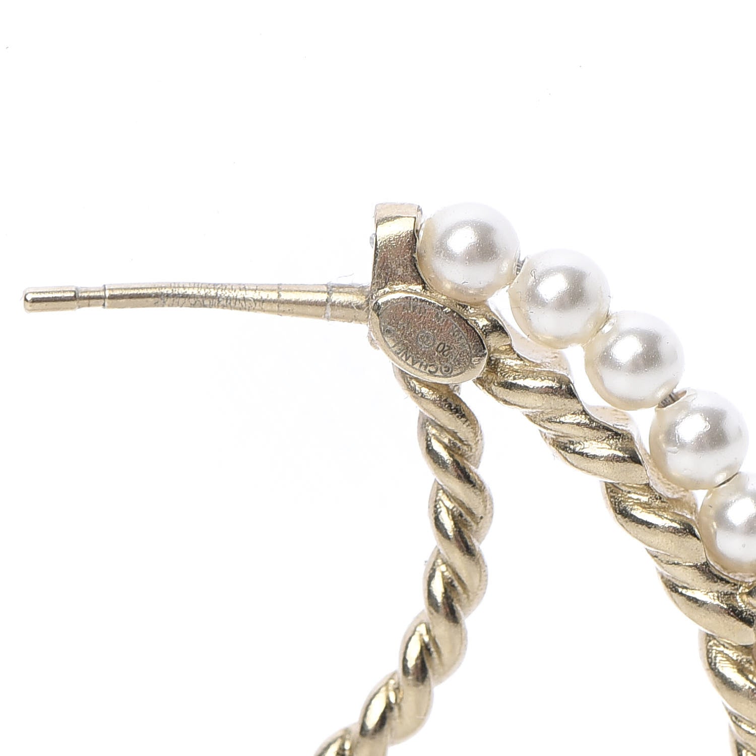 Chanel Crystal Pearl CC Drop Hoop Earrings Gold Pearly White 4 of 7