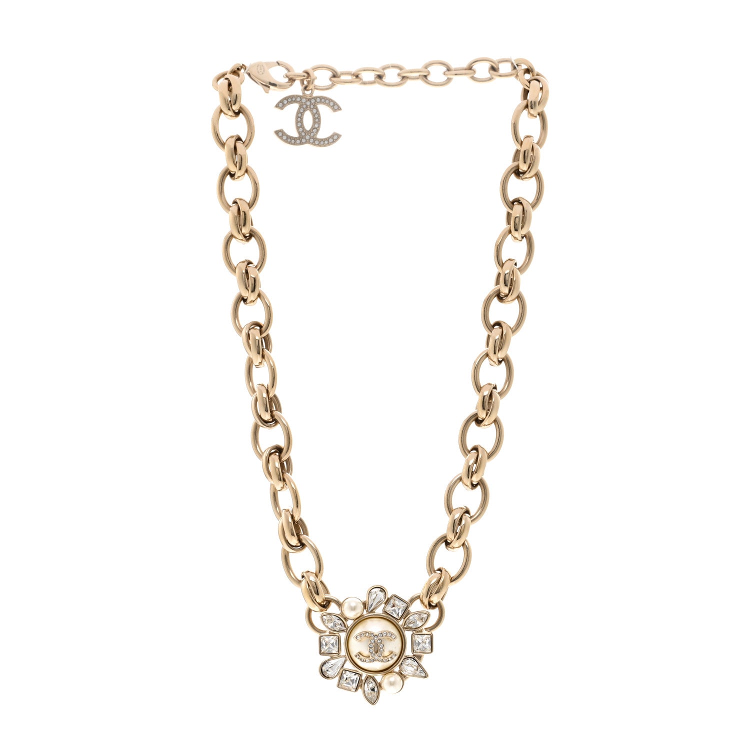 Chanel Pearl Crystal CC Snowfall Chain Short Necklace Light Gold 3 of 6