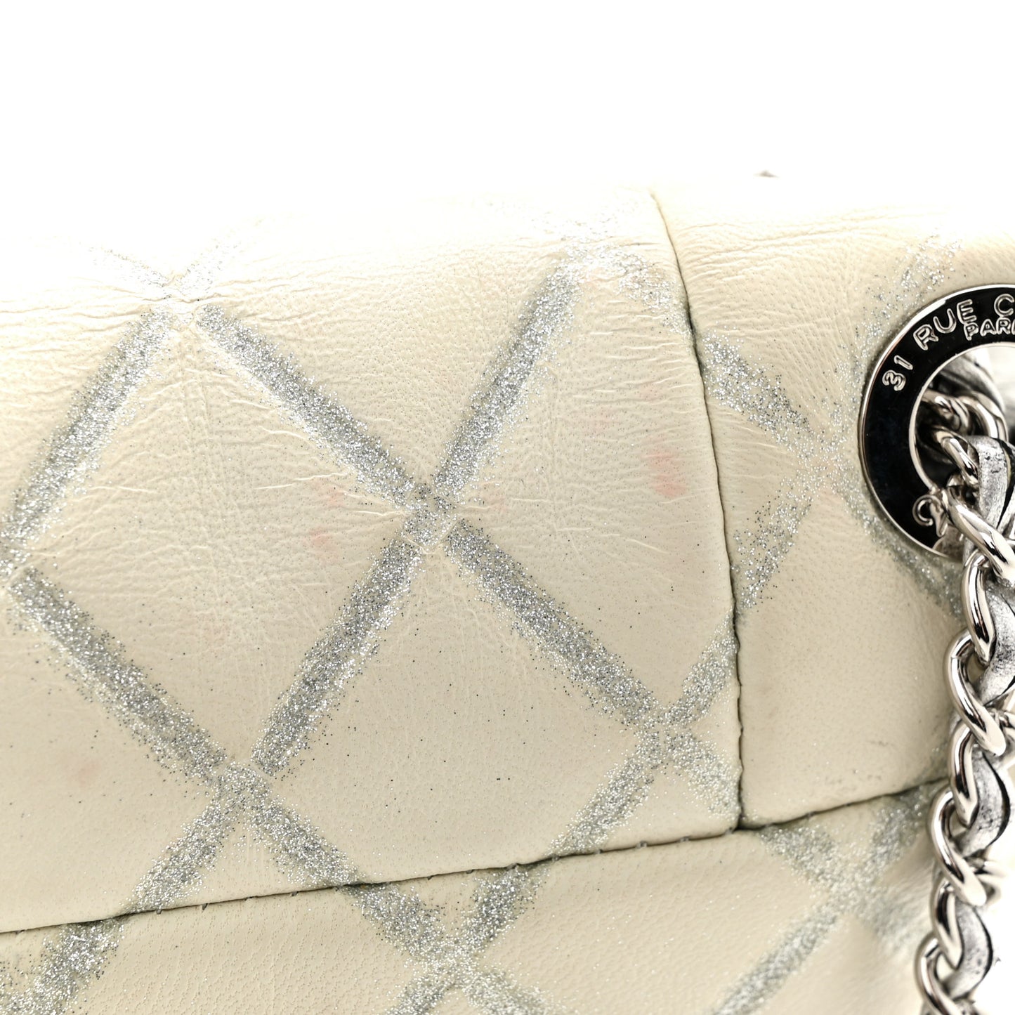 Metallic Distressed Lambskin Quilted CC Flap Ivory