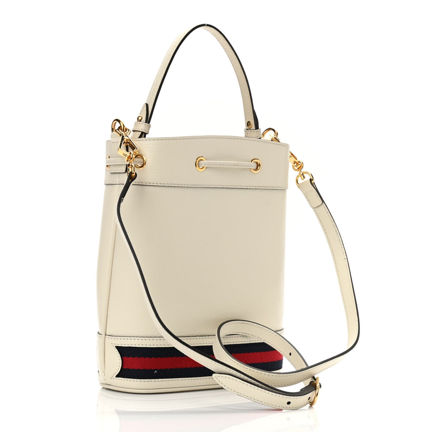 Glazed Textured Calfskin Web Small Ophidia Bucket Bag Mystic White