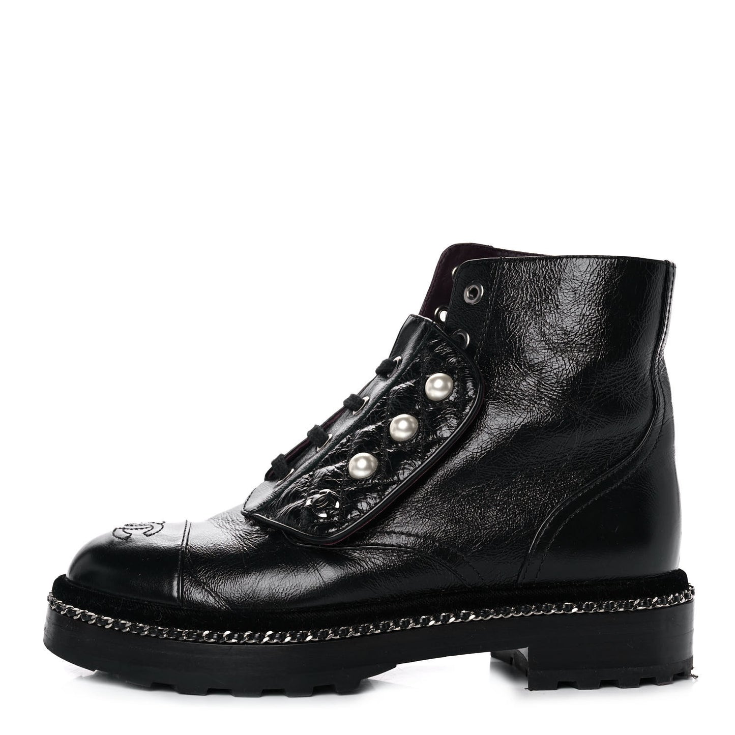 Crackled Calfskin Velvet Pearl Combat Short Boots 36 Black