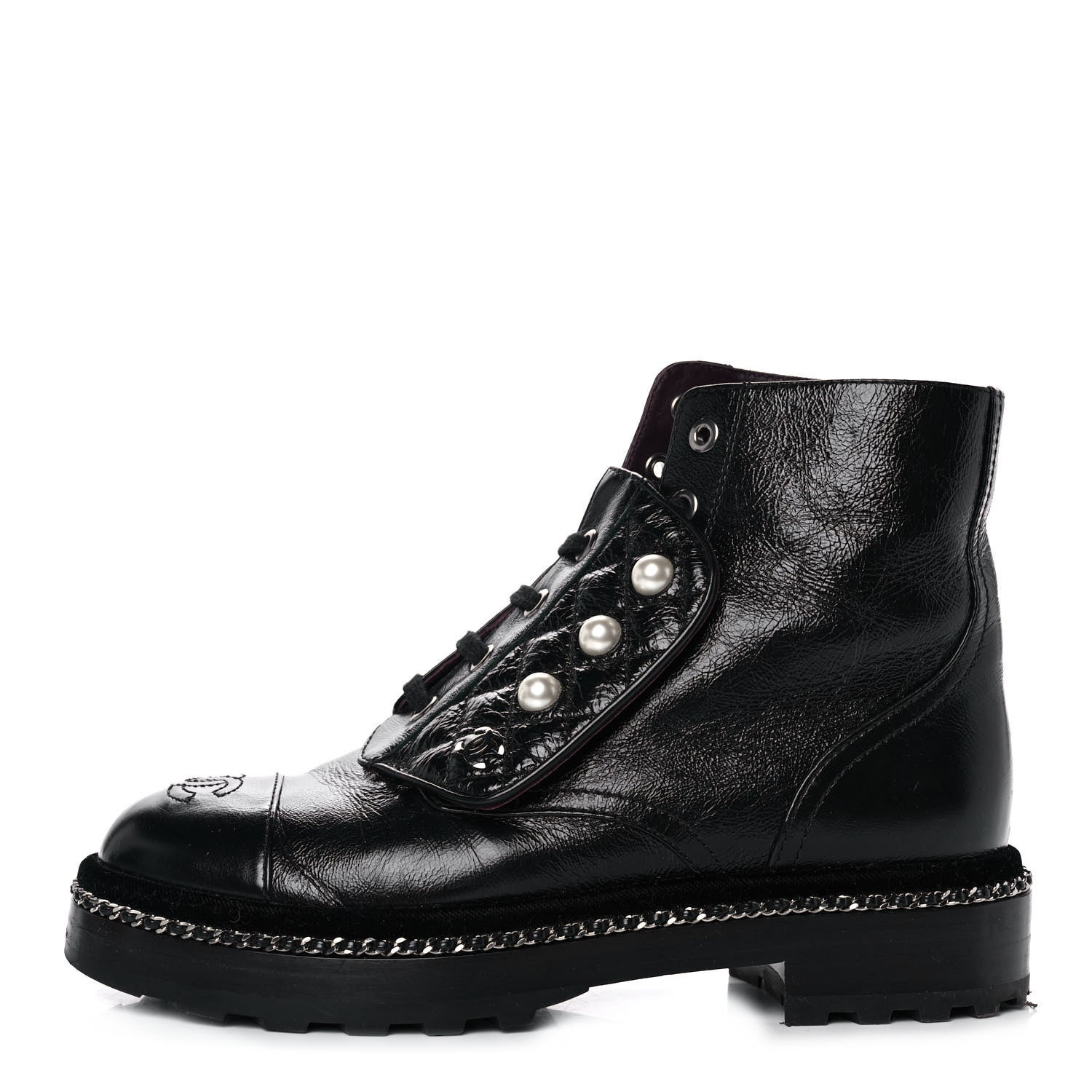 Chanel Crackled Calfskin Velvet Pearl Combat Short Boots 36 Black 1 of 8