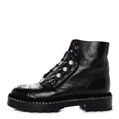 Chanel Crackled Calfskin Velvet Pearl Combat Short Boots 36 Black 1 of 8